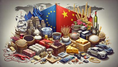 Vlaggen van China en Europa met handelsgoederen.