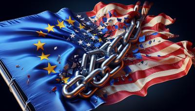 Fahnen der EU und der USA mit zerbrochenen Ketten
