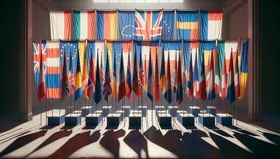 Banderas de los países de la UE fuera de un colegio electoral.