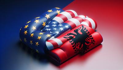 Bandiere di UE, USA e Albania intrecciate.