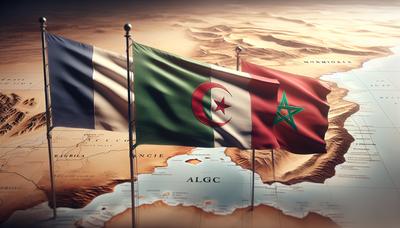 Drapeaux de la France, de l'Algérie et du Maroc avec carte du désert