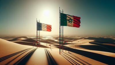 Drapeaux de la France et du Maroc au milieu du désert du Sahara.