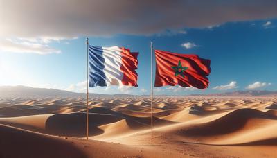 Drapeaux de la France et du Maroc avec en arrière-plan le désert