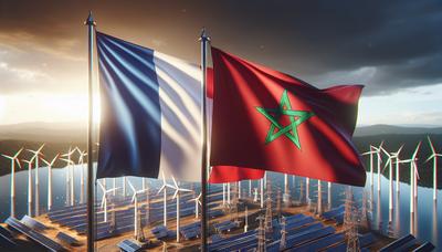 Drapeaux de la France et du Maroc avec infrastructure énergétique.