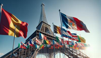 Drapeaux des pays francophones avec fond de la tour Eiffel.