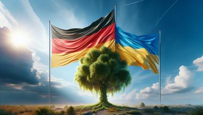 Fahnen von Deutschland und der Ukraine mit wachsendem Baum.