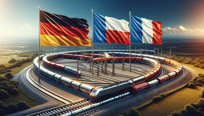 Flaggen von Deutschland, Polen, Frankreich verbunden durch Eisenbahnschienen.