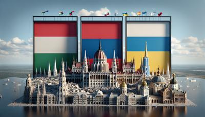 Bandeiras da Hungria, Rússia e Ucrânia com marcos da cidade.