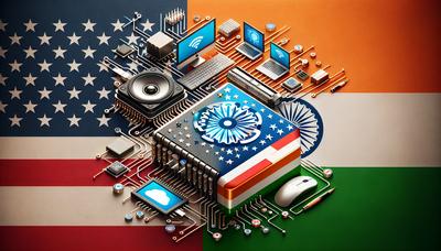 Bandiere dell'India e degli Stati Uniti con icone tecnologiche.