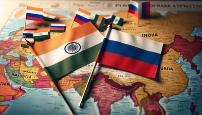 Vlaggen van India en Rusland met conflictkaart op de achtergrond