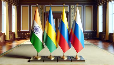 Banderas de India, Ucrania, Rusia con símbolos diplomáticos.