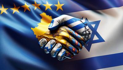 Banderas de Kosovo e Israel con símbolo de apretón de manos