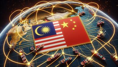 Flaggen von Malaysia und China durch Handelsrouten miteinander verbunden.