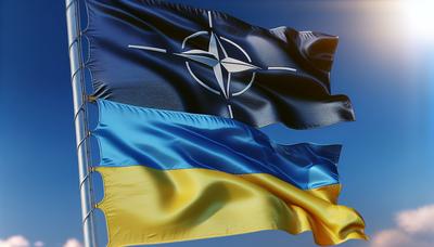 Bandiere della NATO e dell'Ucraina che sventolano insieme sullo sfondo.