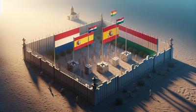 Bandeiras da Holanda, Espanha, Hungria em unidade fronteiriça