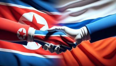 Flaggen Nordkoreas und Russlands schütteln Hände.