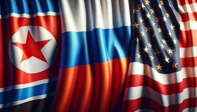 北朝鮮、ロシア、アメリカ合衆国の旗が一緒に