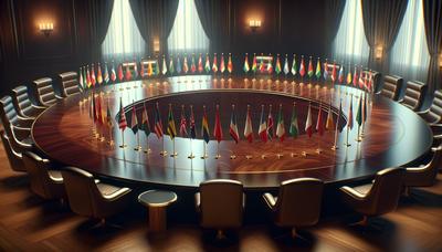 Drapeaux des pays participants autour de la table de conférence.