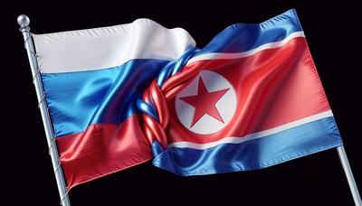 Banderas de Rusia y Corea del Norte entrelazadas juntas.