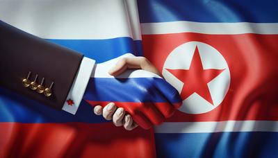 Banderas de Rusia y Corea del Norte dándose la mano.