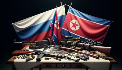 ロシアと北朝鮮の国旗が武器と一緒に掲げられている。

