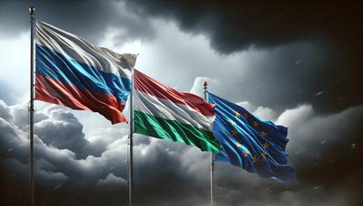 Banderas de Rusia, Hungría y la UE con cielo tormentoso.
