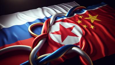 Bandiere di Russia, Corea del Nord e Cina interconnesse.