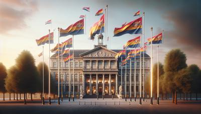 Vlaggen van Sint-Maarten op de achtergrond van een overheidsgebouw