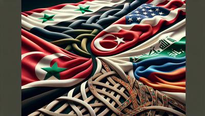 Drapeaux de la Syrie, de la Turquie, de la Russie et de l'Irak interconnectés.