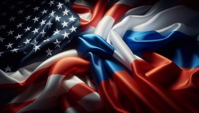 Vlaggen van de Verenigde Staten en Rusland verstrengeld.