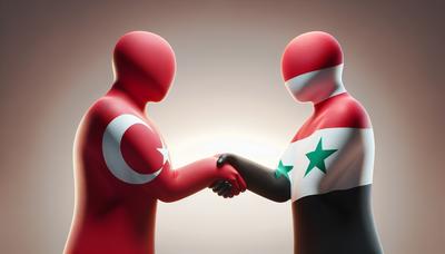 Turkiets och Syriens flaggor skakar hand.

