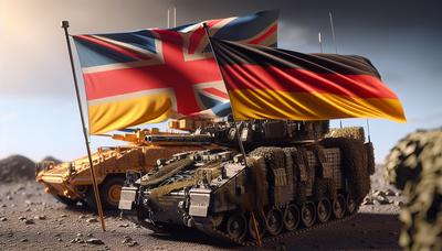 Flaggen von Großbritannien und Deutschland über Militärausrüstung.