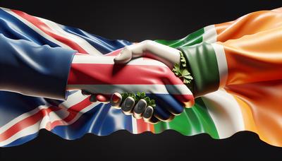 Flaggen von Großbritannien und Irland über einem Handschlag-Symbol.