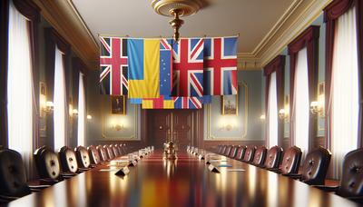 Drapeaux du Royaume-Uni, de la France et de l'Ukraine avec table de réunion.