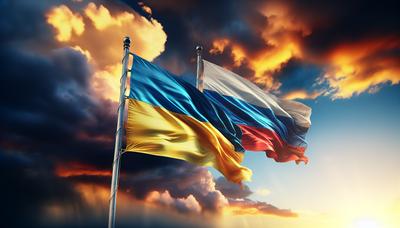 "Drapeaux de l'Ukraine et de la Russie avec un ciel intense en arrière-plan"