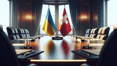 Ukrainas och Schweiz flaggor vid ett konferensbord.

