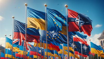 Flaggen der Ukraine, EU, NATO gemeinsam in Einheit.