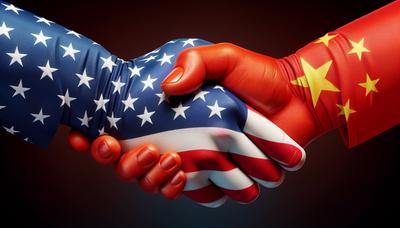 Banderas de Estados Unidos y China estrechando manos símbolo.