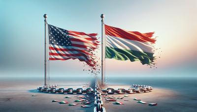 Banderas de EE.UU. y Hungría con eslabón de cadena roto.
