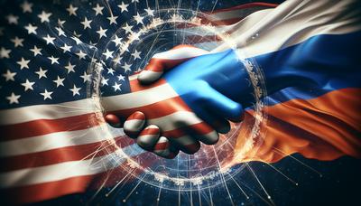 Bandiere degli Stati Uniti e della Russia con simbolo di stretta di mano