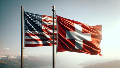 Drapeaux des États-Unis et de la Suisse avec des symboles de sanctions.