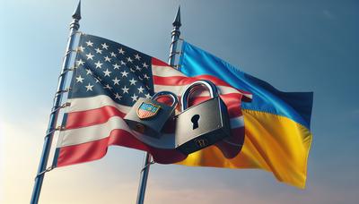 Flaggen der USA und der Ukraine mit Sicherheitssymbolen