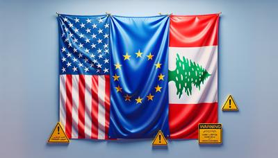 Bandiere degli USA, UE e Libano con segnali di avvertimento