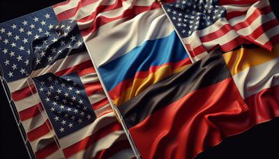 Drapeaux des États-Unis, de la Russie, de l'Allemagne et de la Pologne en contraste.