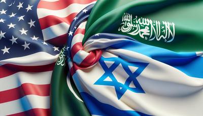 Flaggen der USA, Saudi-Arabien und Israel ineinander verschlungen.