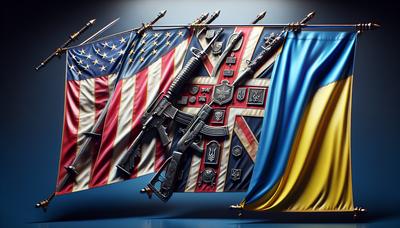 Drapeaux des États-Unis, du Royaume-Uni et de l'Ukraine avec des symboles d'armes.