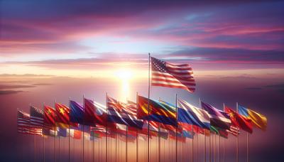Vlaggen van de VS en Aziatische landen met rustgevende achtergrond