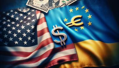 Bandiere degli USA, dell'Ucraina e dell'Europa con simboli di valuta.

