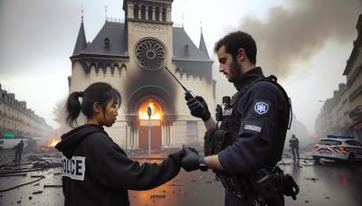 Flammes près de la synagogue la nuit avec un ruban de police.