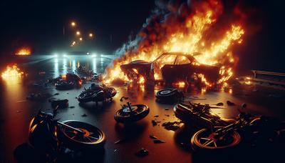 "Auto in fiamme e motociclette distrutte in una scena notturna"